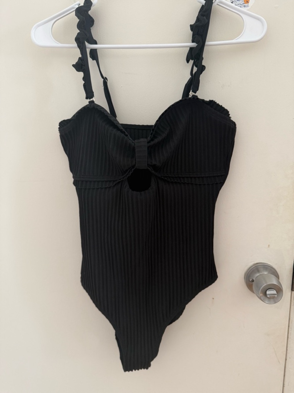 New Black Ribbed Bow Front One-Piece Swimsuit
